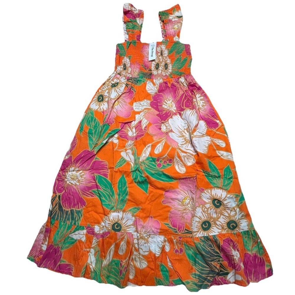 The Drop Women's Kimi Ruffled Shoulder Smocked Midi Dress Orange Floral Medium